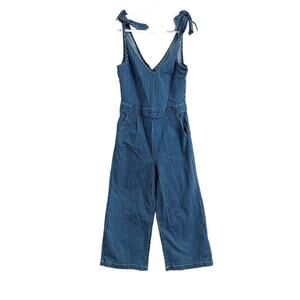 Chelsea & Violet Railroad V Neck Jumpsuit Women L Blue Striped Wide Leg Cropped